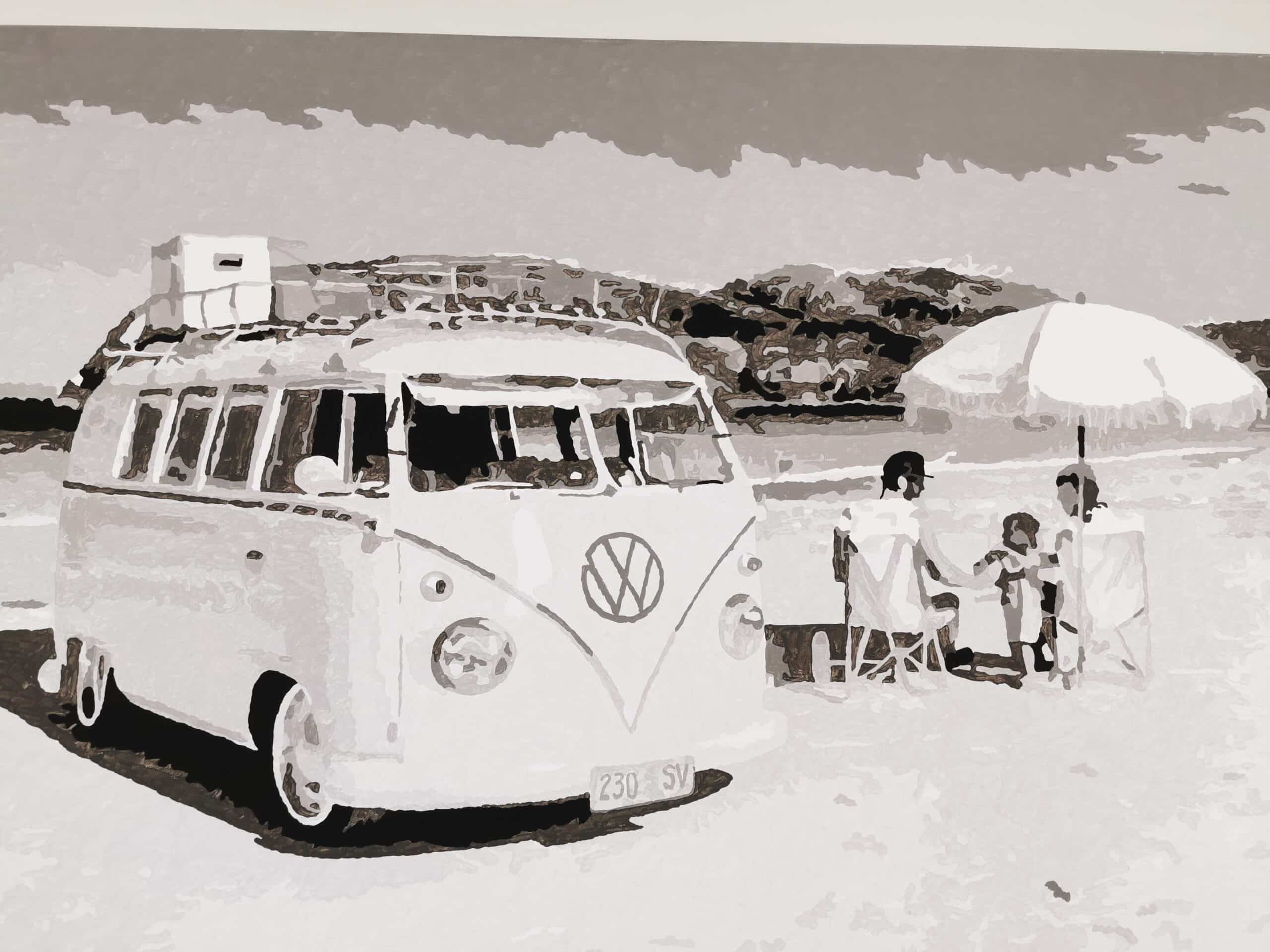 Piscine & Spas – Exposition permanente artiste peintre à Lille Tableau noir et blanc combi VW Volkswagen plage Piscine et Spas